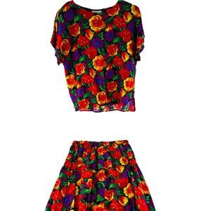Vintage Floral Two-Piece Skirt & Top Set By Ez Street sz Small Rayon Colorful